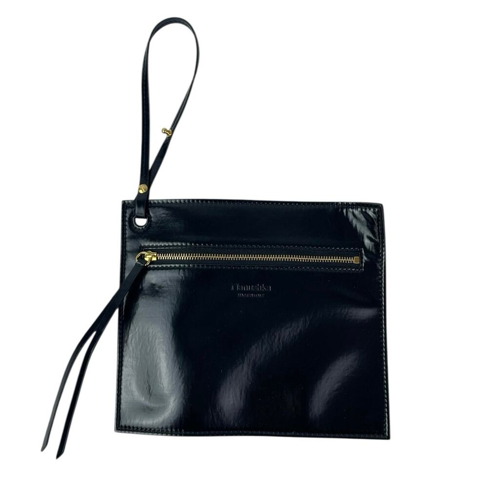 Nanushka Black PU Leather Strap Zipper Purse Clutch Wristlet Mini Handbag OS